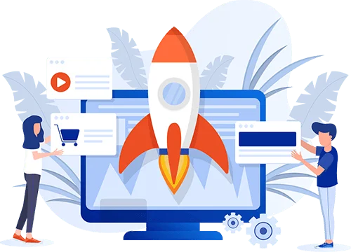 Illustration of a rocket launching from a desktop screen, with people arranging web page elements around it