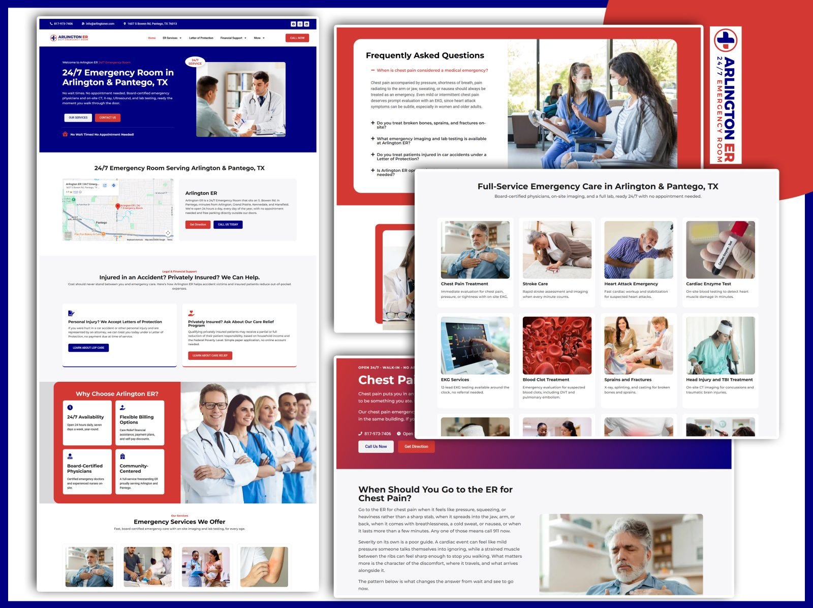 Pages from a freestanding emergency room website in Arlington, Texas: a 24/7 emergency room homepage with a location map, an accident and insurance support section, a full-service emergency care grid, an FAQ page, and a chest pain service page