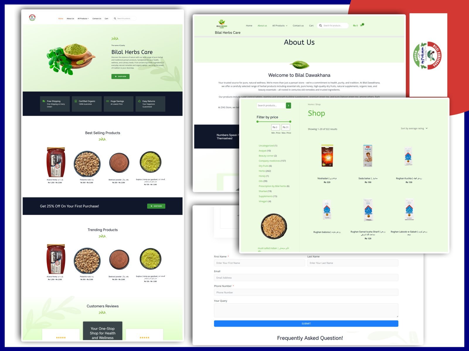 Pages from a herbal pharmacy online store: a homepage with best-selling products, an about page, a shop page with category and price filters, and a contact form