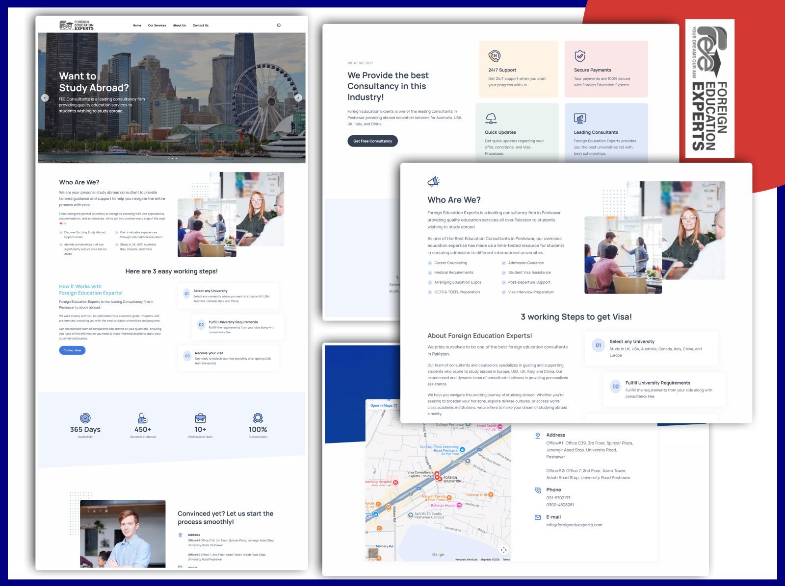Pages from a study abroad consultancy website: a hero slider asking whether you want to study abroad, a services grid, a who-we-are section, and a contact page with an embedded map