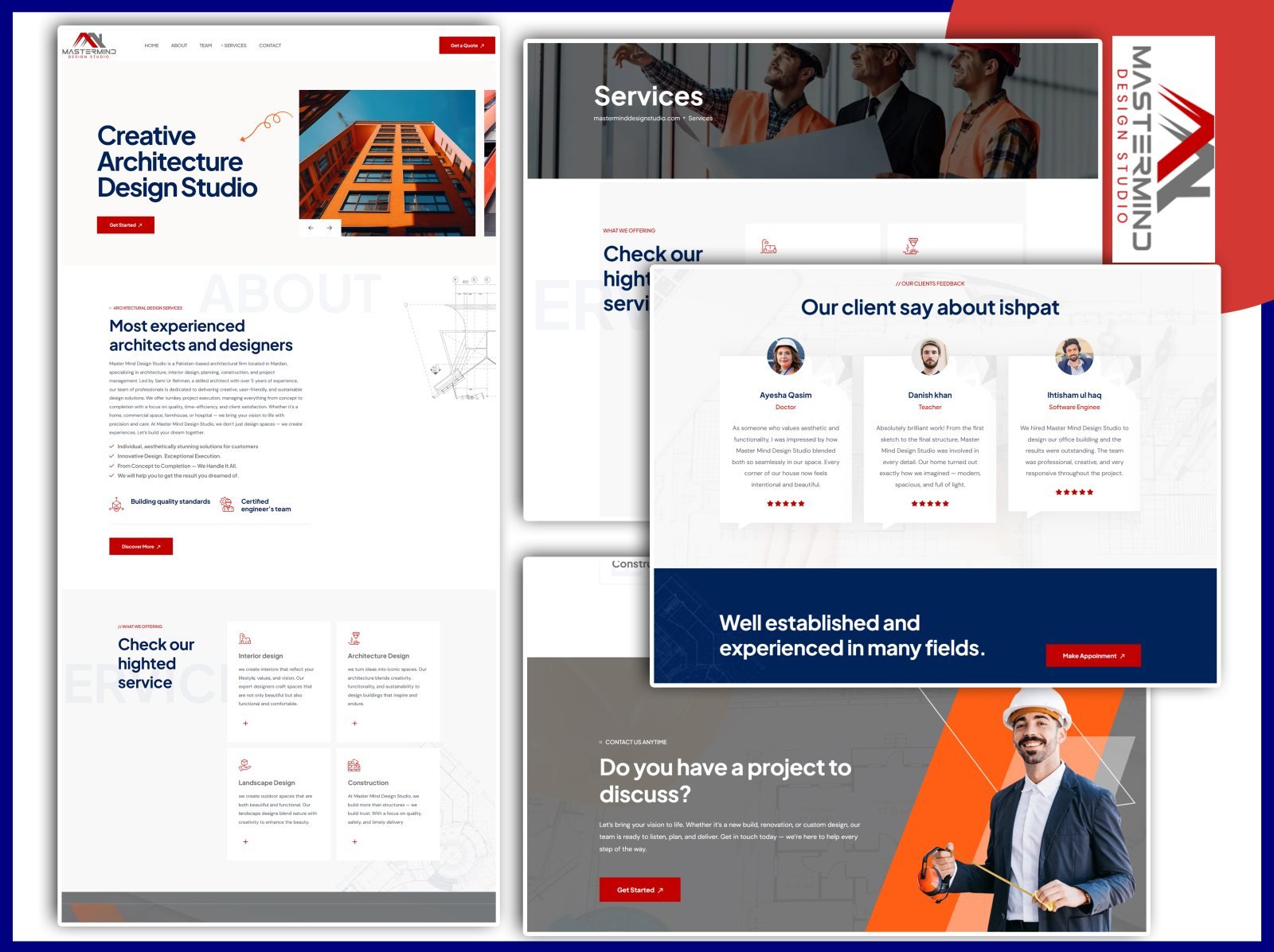 Pages from an architecture studio website: a homepage headed creative architecture design studio, a services page, a client testimonials section, and a contact section