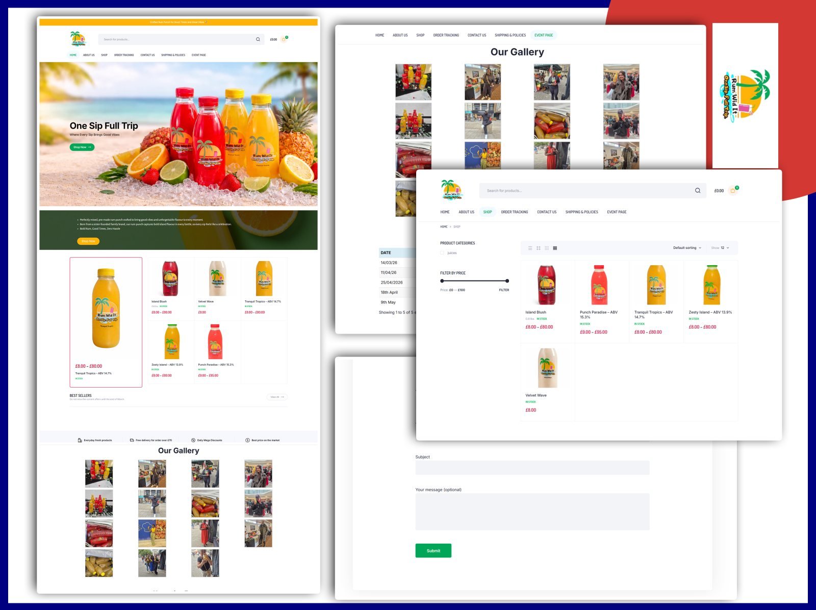 Pages from a rum punch drinks store: a beach-themed homepage with bottles, a product gallery of market stall photos, a shop page with price filtering, and a contact form